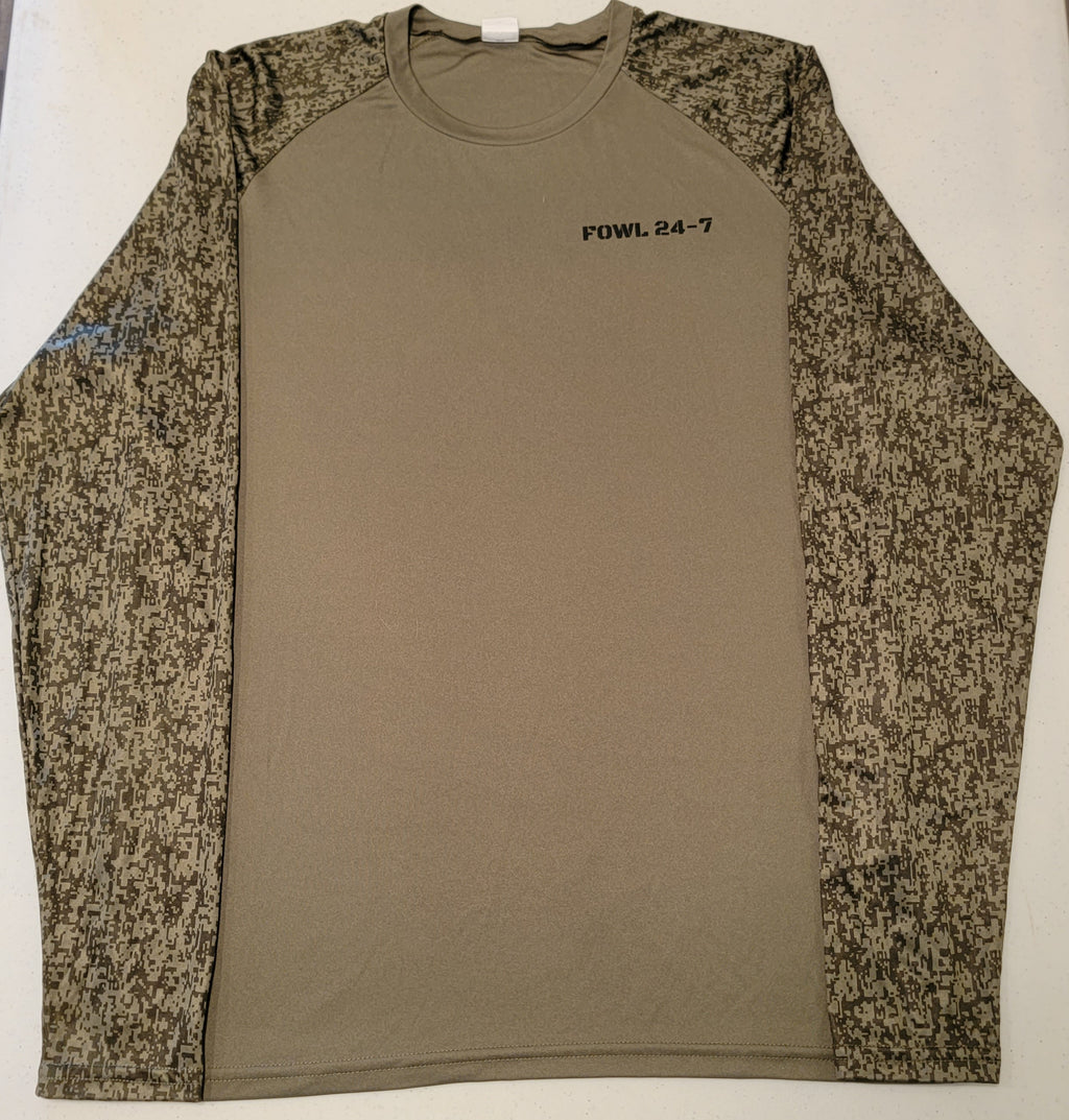 FOWL 24-7 Performance Sport-Tek Olive drab Long Sleeve Tee Shirt with Camo Sleeves